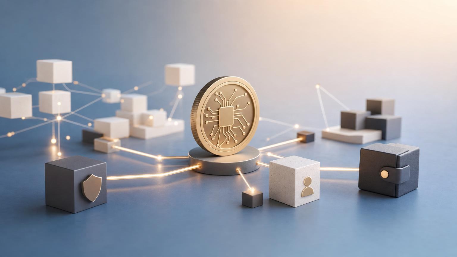 A cryptocurrency wallet showing a network fee estimate beside a blockchain transaction flow with validators, blocks, and confirmation status